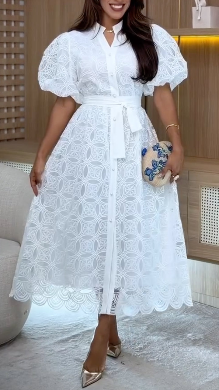 Geometric Lace Puff Sleeve Midi Shirt Dress