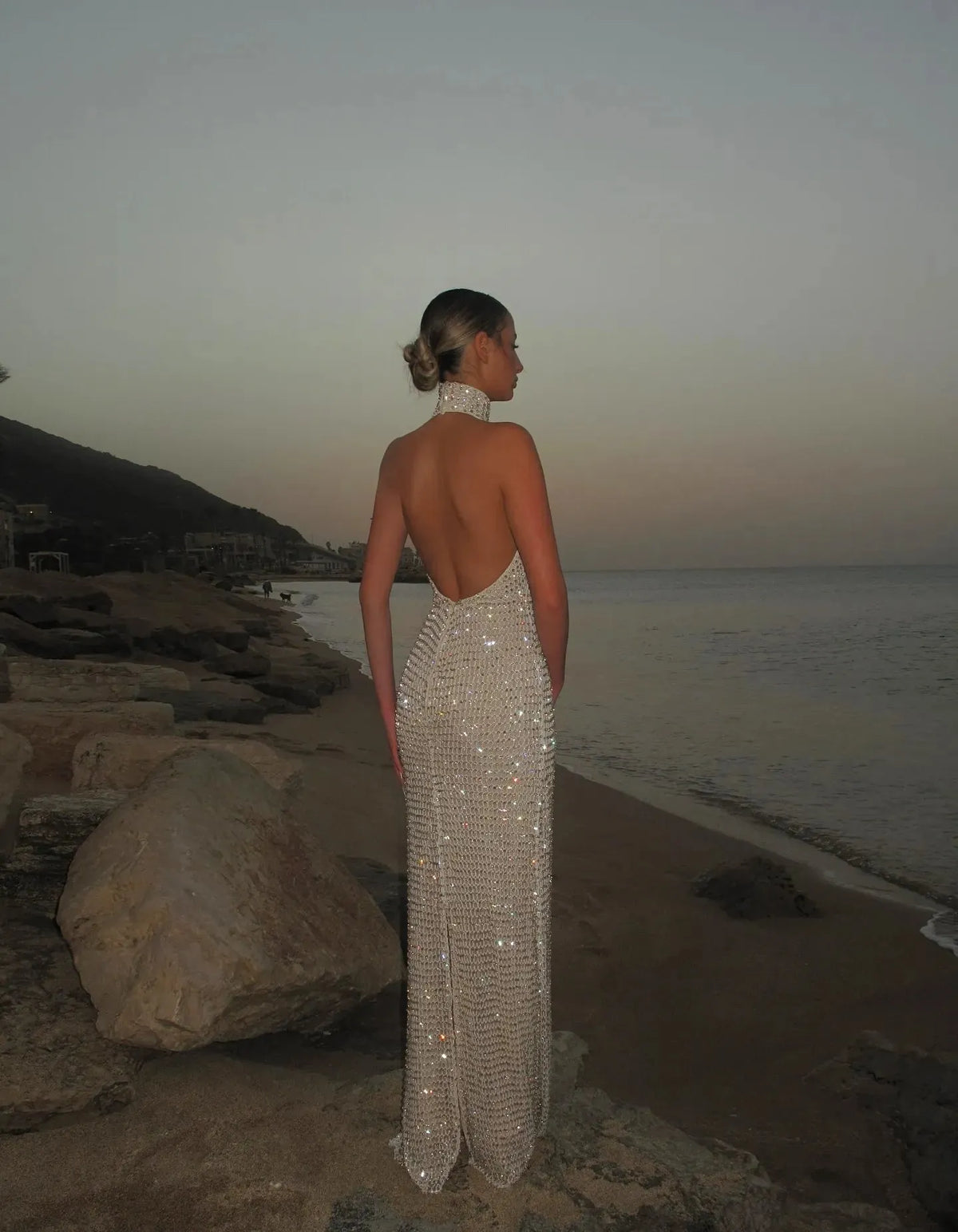 Cocoslly Halter Deep V-Neck Sleeveless Long Prom Dress With Rhinstone | White Beading CO0074