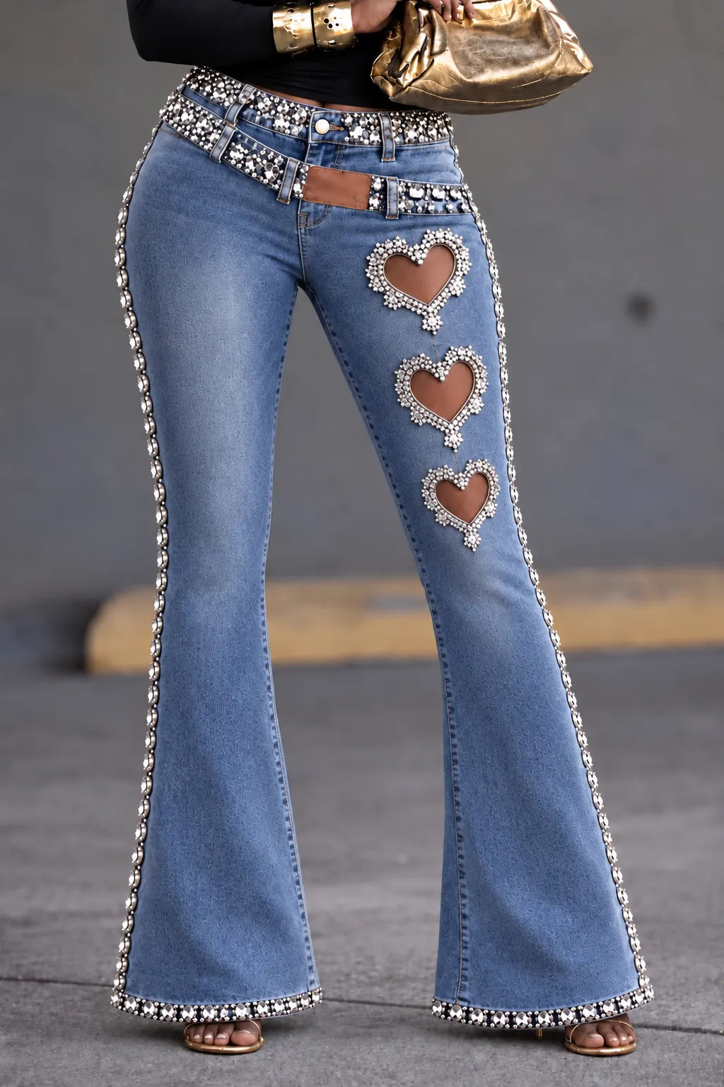Rhinestone Heart-Cutout Flared Jeans