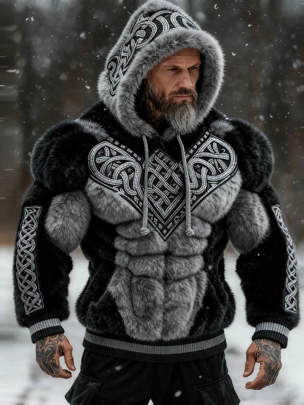 Men's Vintage Viking Tribal Jacquard Celtic Muscle Line Inspired Art Plush Warm Hoodie