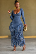 U Neck Fringe Denim Jumpsuit Bodycon Party Jumpsuit