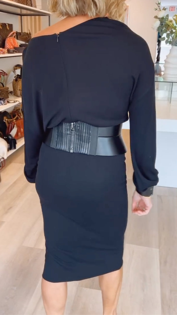 Off Shoulder Midi Dress With Faux Leather Belt