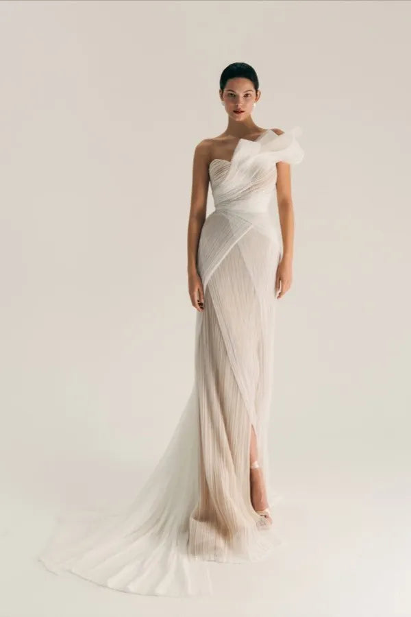 Asymmetric One Shoulder Sleeveless Long Pleated Mermaid Prom Dress With Split WQ0533