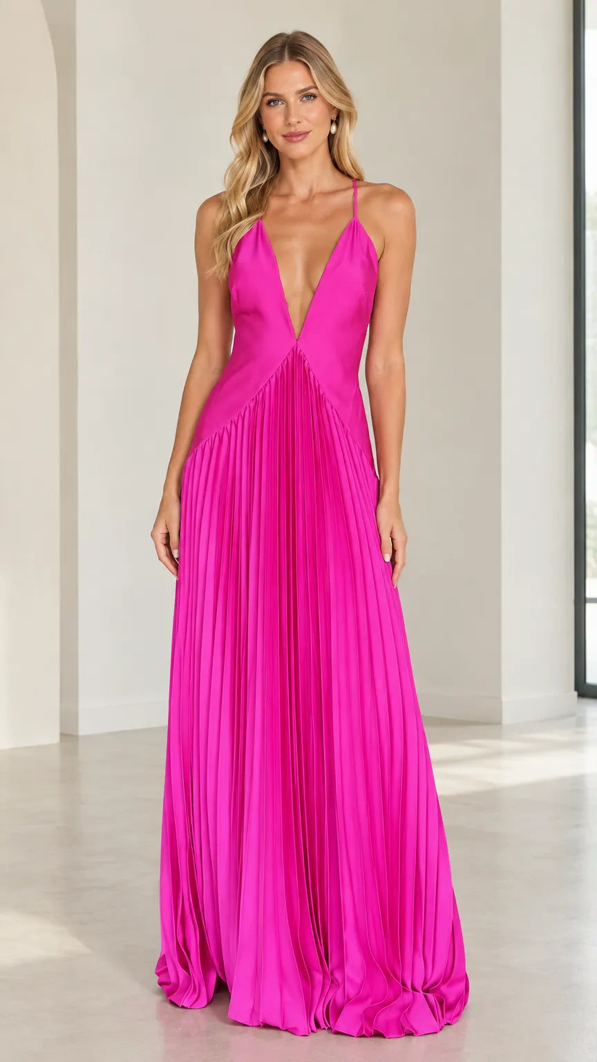 Plunge Neck Pleated Satin Maxi Evening Dress