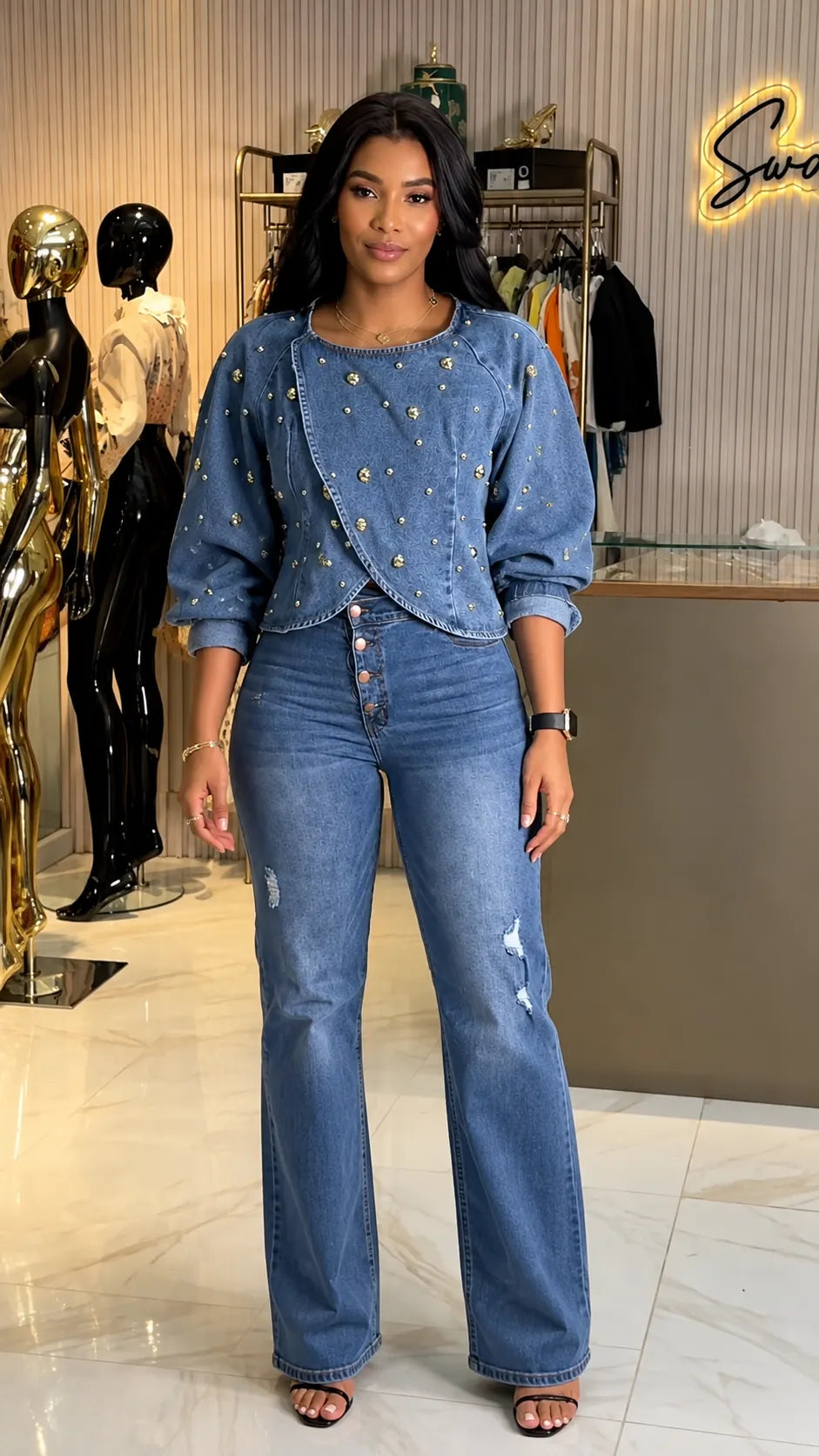 Studded Denim Cropped Jacket