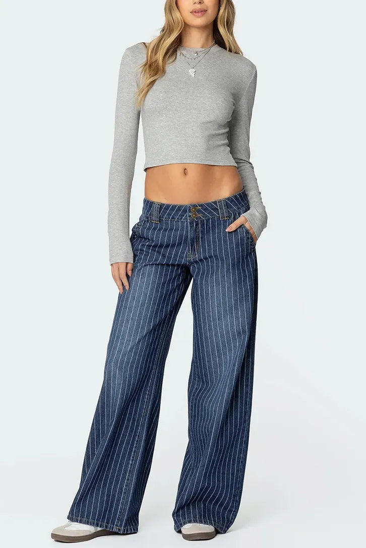 Women's Blue Washed Straight Jeans With Vertical Stripes