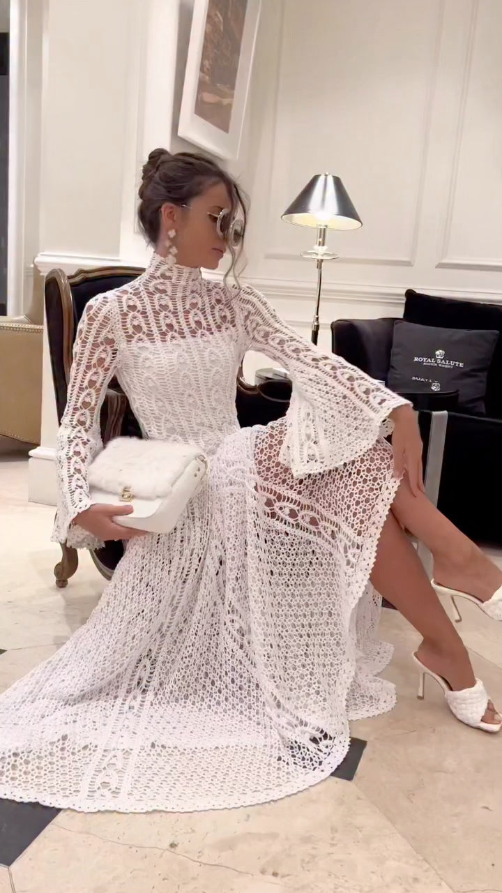 Lace High Neck Bell Sleeve Maxi Dress