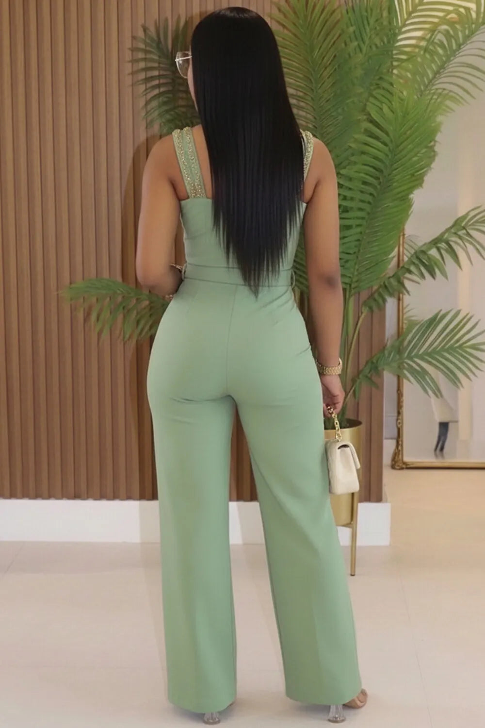 Crystal Wide Straps Sleeveless Wide Leg Casual Jumpsuit-Green [Pre Order]