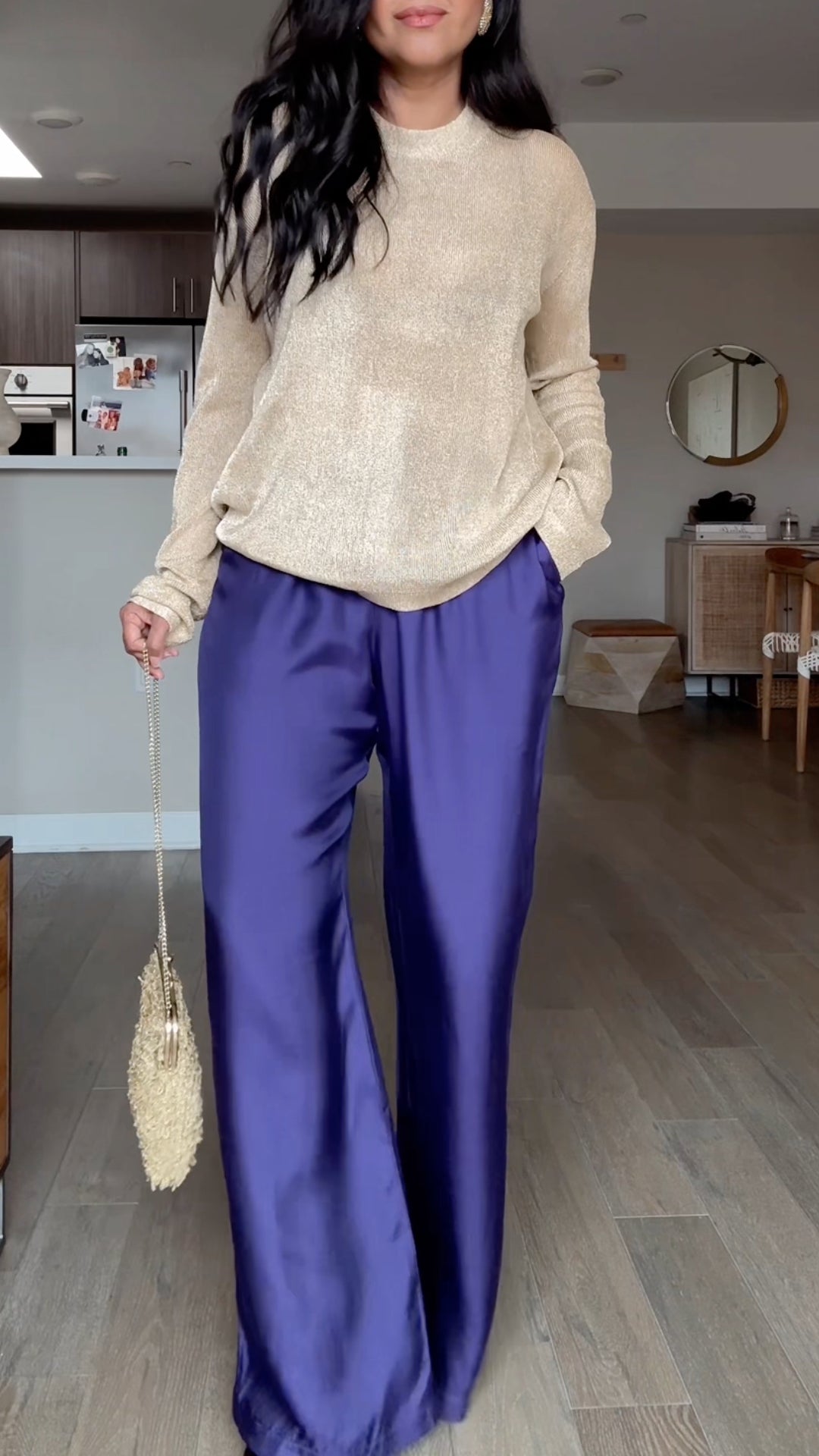 Metallic Knit Top & Satin Wide-Leg Pants Set