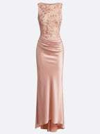 Light Pink Embroidery Satin Crew Neck Sleeveless Sheath Gown Dress