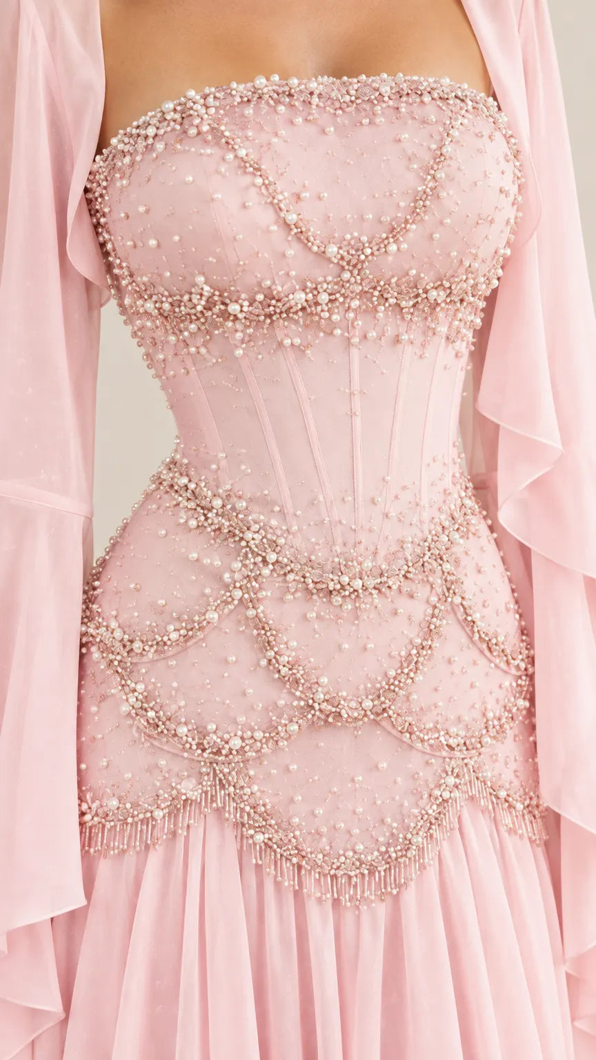 Beaded Corset Evening Gown with Sheer Bell Sleeve Shrug