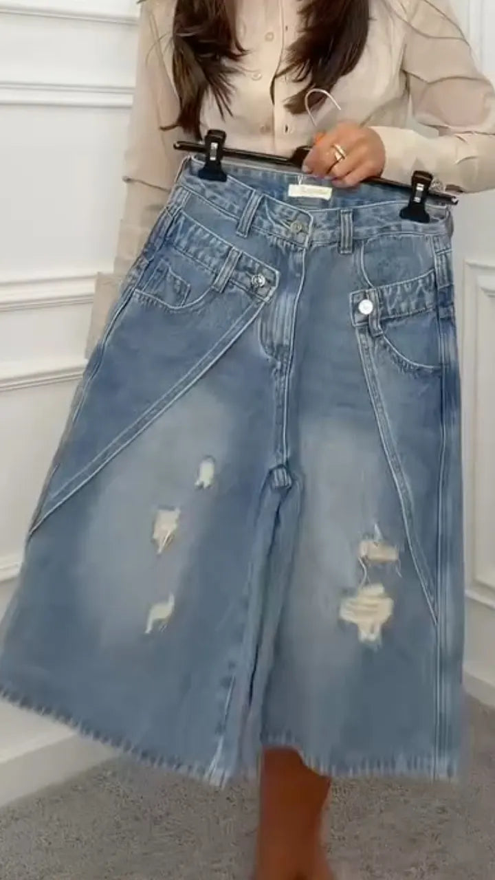 High Waist Distressed Denim Bermuda Shorts