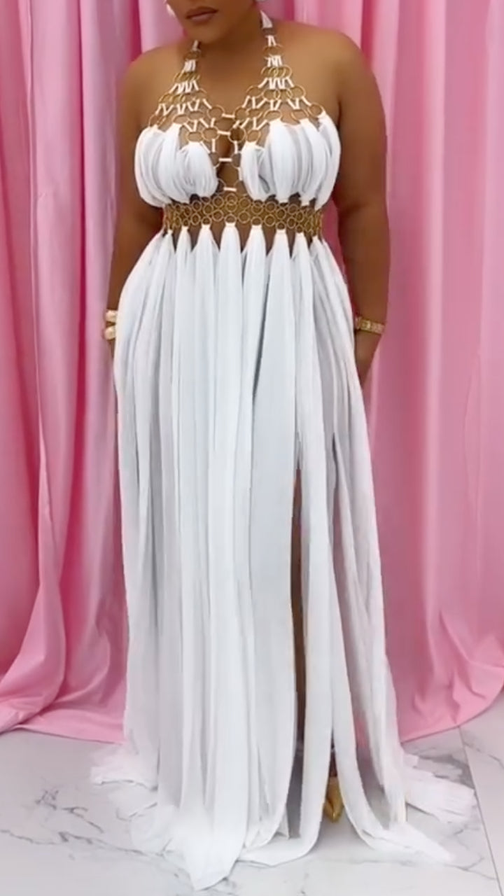 White Gold Ring Halter Maxi Dress
