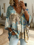 Women's Retro Bohemian-Style Tribal Floral Art Print Casual Washed Cotton Denim Jacket