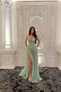 Straps Sleeveless Long Split Prom Dress With Pleated Appliques WQ0227