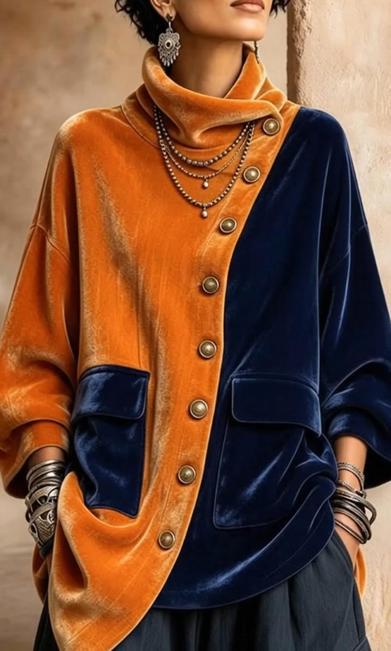 🤲LAST DAY SAVE 49% ⏰Vintage Velvet Color Block Cowl Neck Jacket
