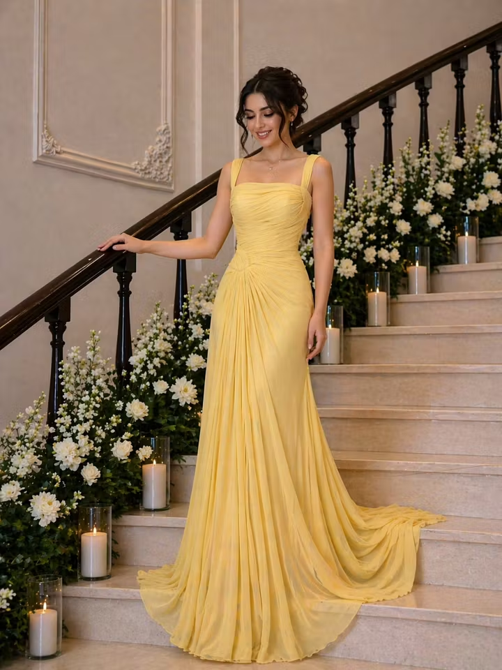 Cocoslly Wide Straps Square Neck Sleeveless High Waist Long Prom Dress With Pleated | Daffodil Chiffon YK1259