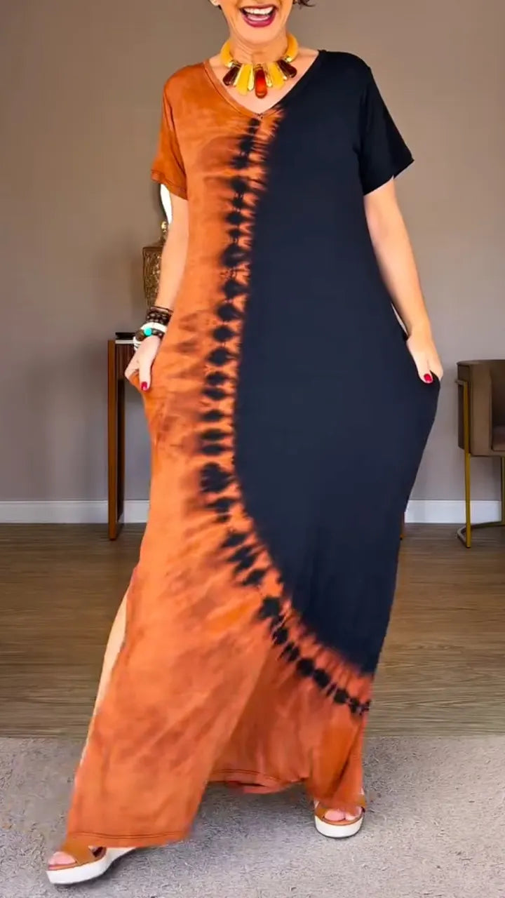 Tie‑Dye V‑Neck Maxi Dress