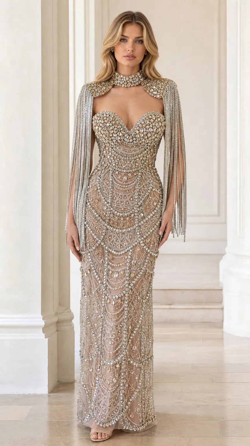 Crystal Embellished Sweetheart Evening Gown with Beaded Fringe Capelet