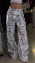 Metallic Distressed Wide-Leg Jeans