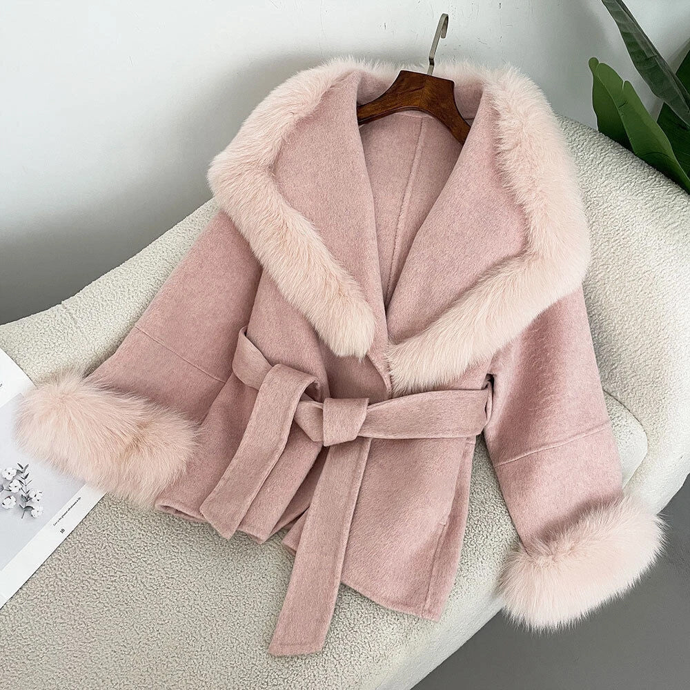Faux Fur Collar Belted Wool Blend Coat