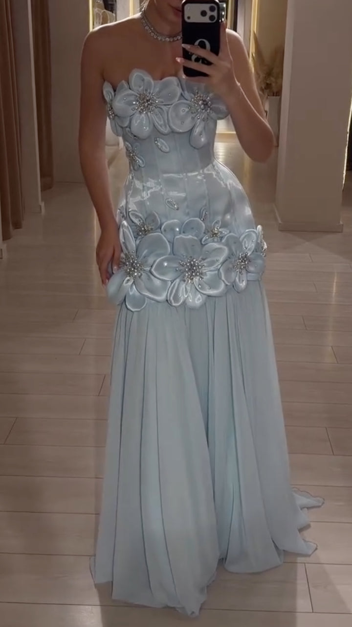3D Floral Strapless Long Evening Dress
