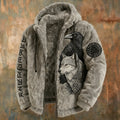 Men's Viking Tribal Jacquard Celtic With Crows & Wolves Inspired Plush Warm Zipped Hooded Jacket