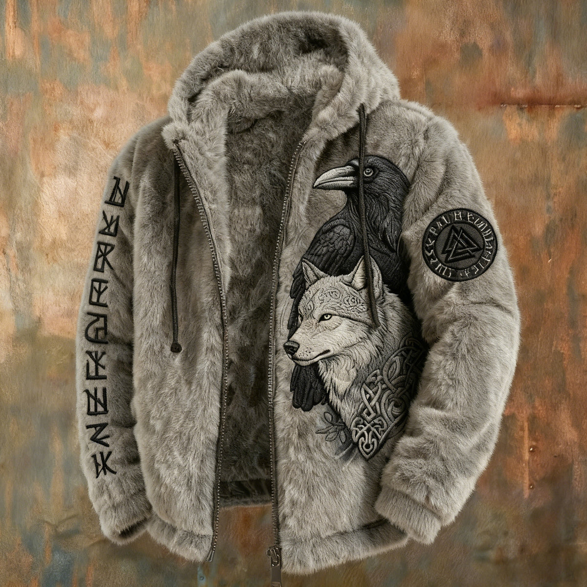 Men's Viking Tribal Jacquard Celtic With Crows & Wolves Inspired Plush Warm Zipped Hooded Jacket