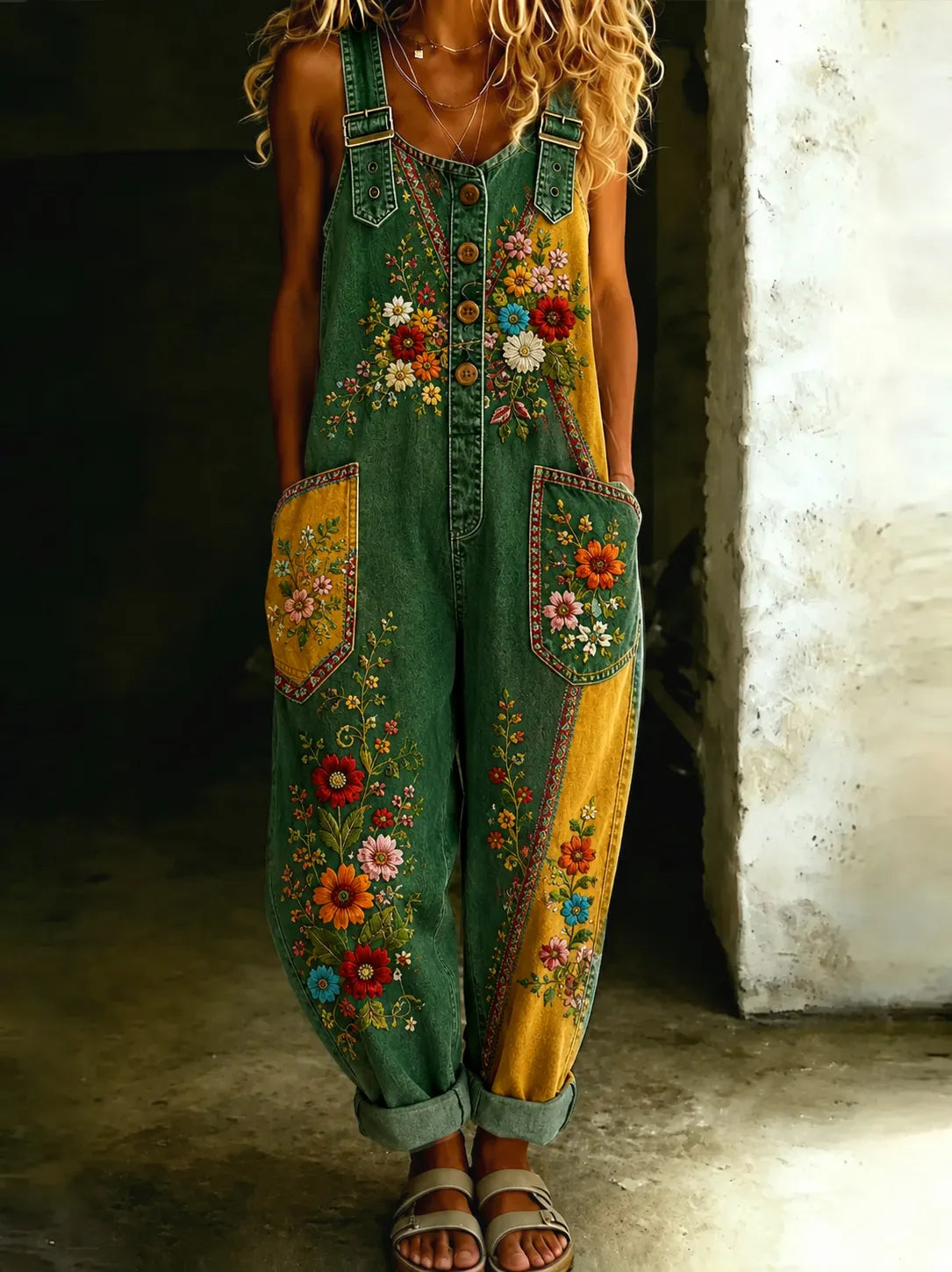 Colorful Floral Print Denim Overalls