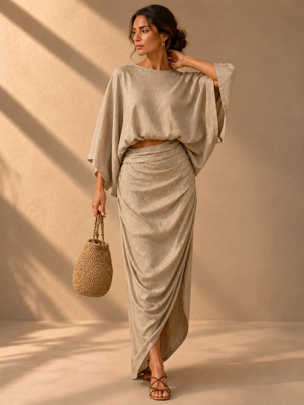 Linen Blend Batwing Top & Wrap Maxi Skirt Two‑Piece Set