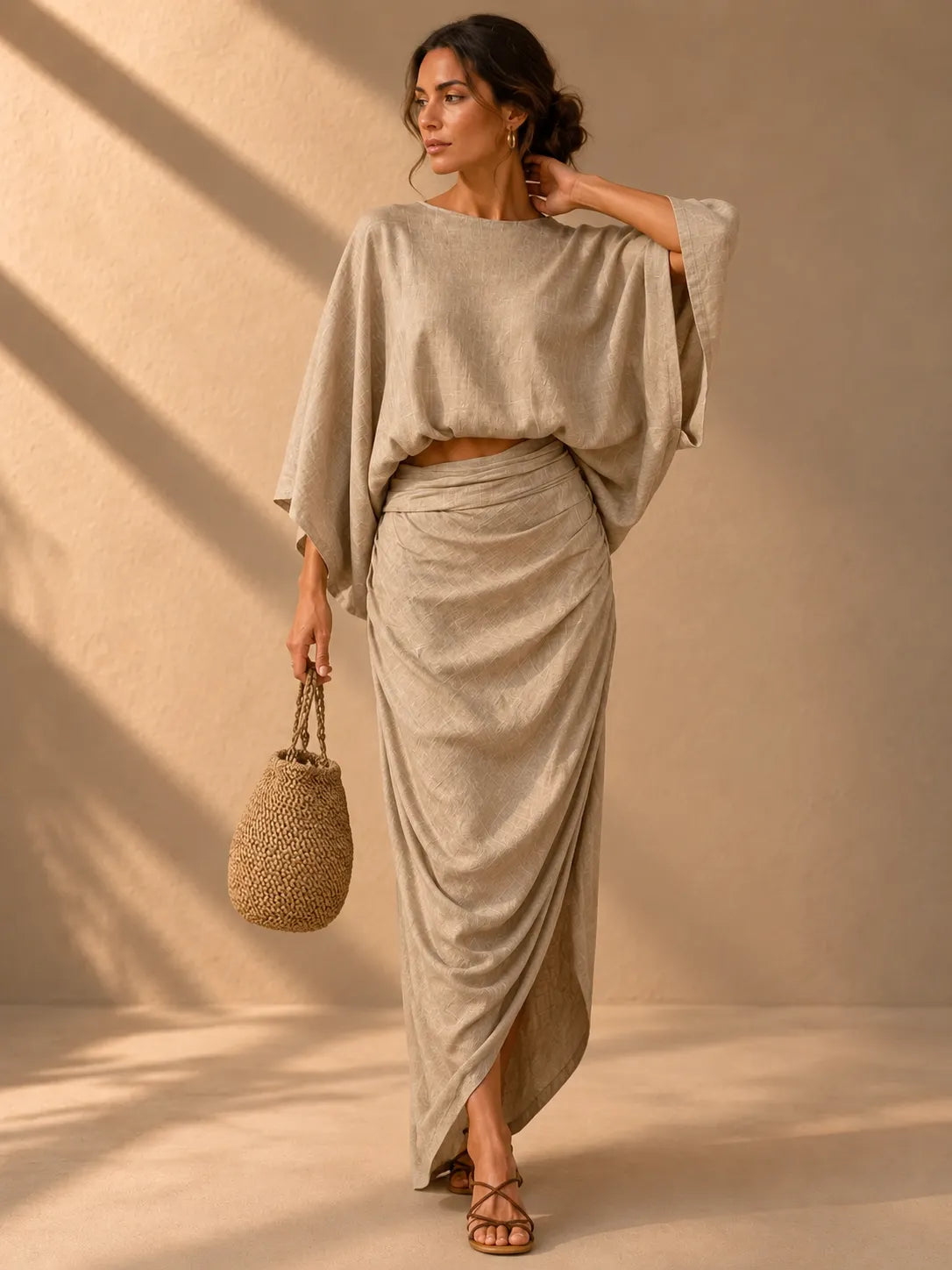 Linen Blend Batwing Top & Wrap Maxi Skirt Two‑Piece Set