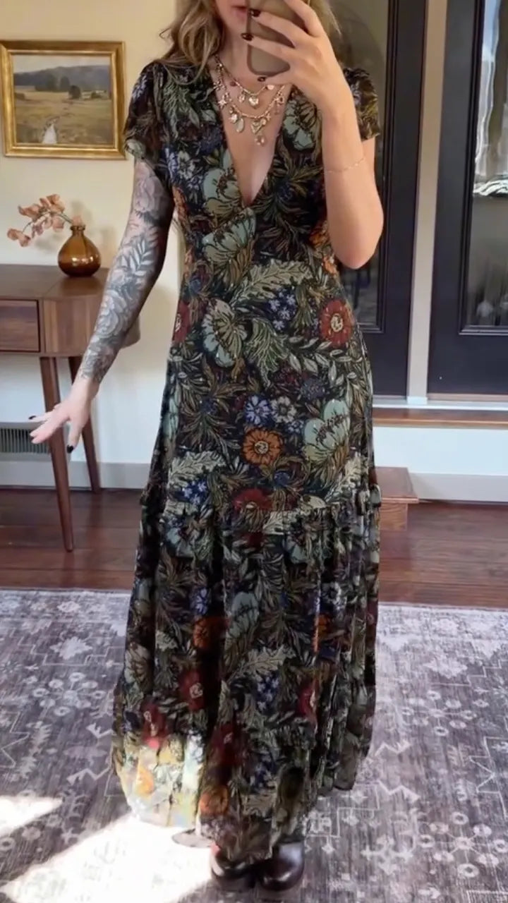 Floral V Neck Short Sleeve Tiered Maxi Dress