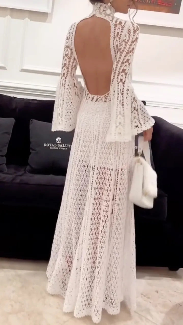 Lace High Neck Bell Sleeve Maxi Dress