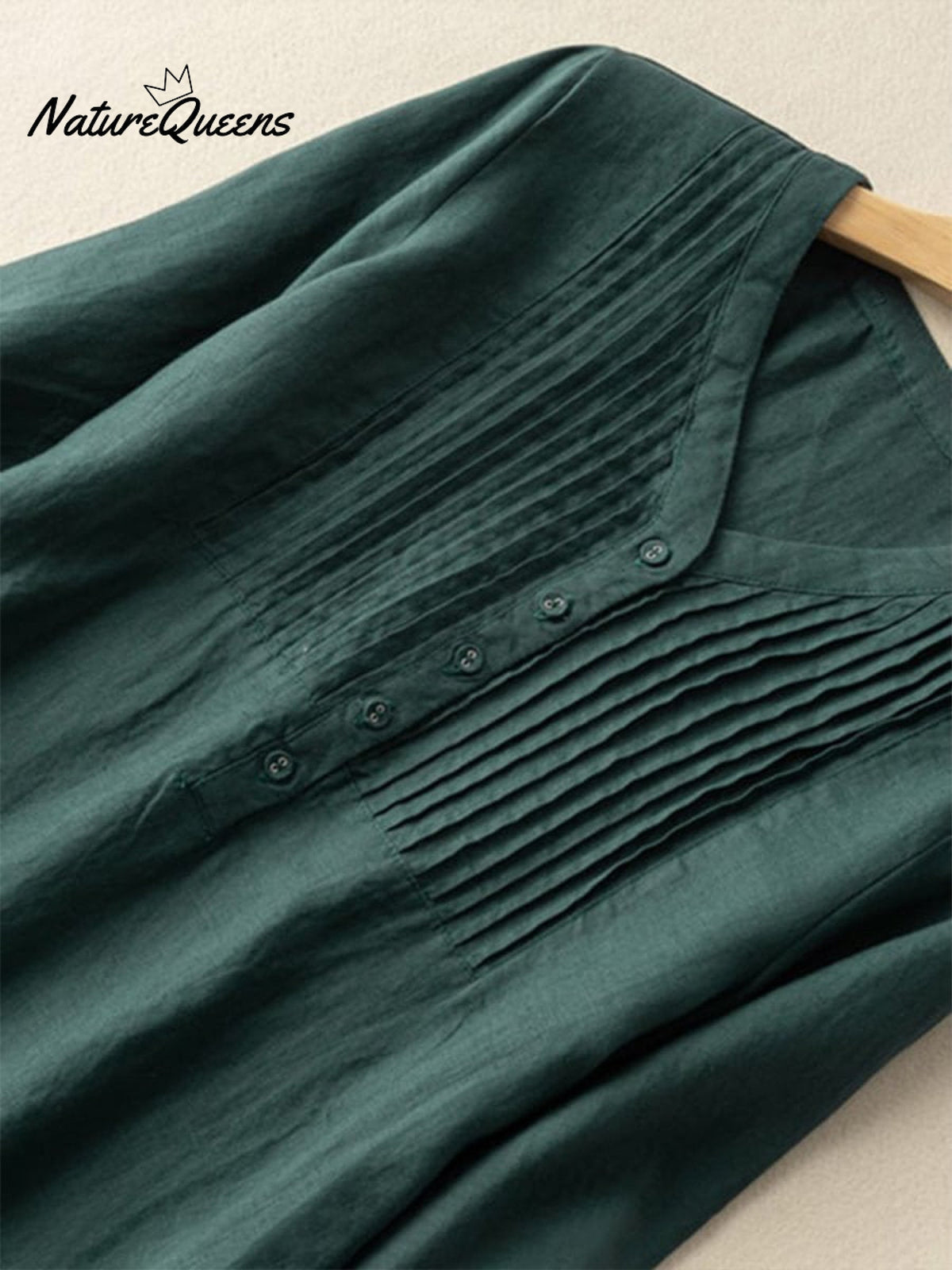 Cotton And Linen V-Neck Pleated Loose Dress