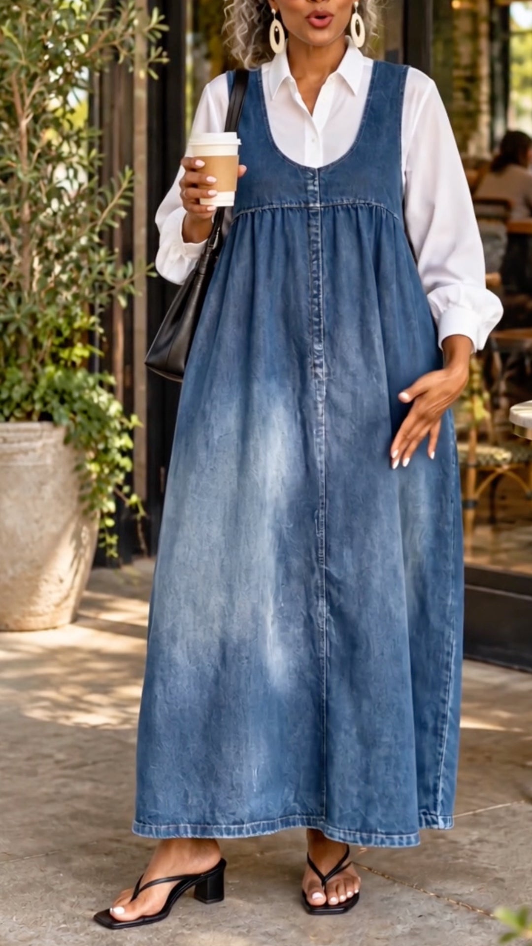 Blue Scoop-Neck Denim Pinafore Maxi Dress