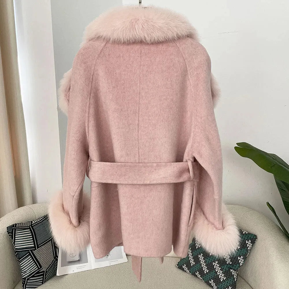 Faux Fur Collar Belted Wool Blend Coat