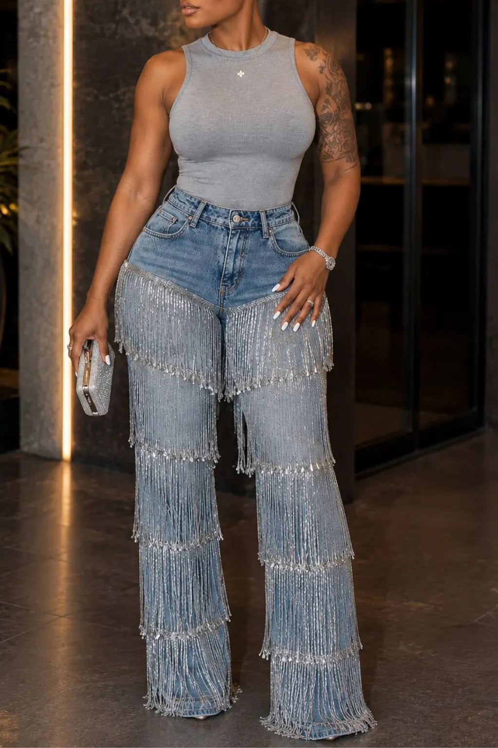 Light Wash Silver Sequin Fringe Wide Leg Jeans