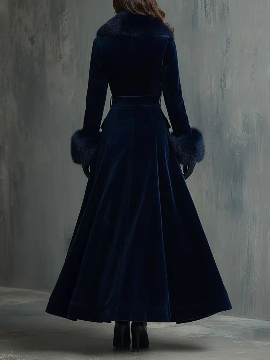 Elegant Mid-length Velvet Coat With Faux Fur Collar