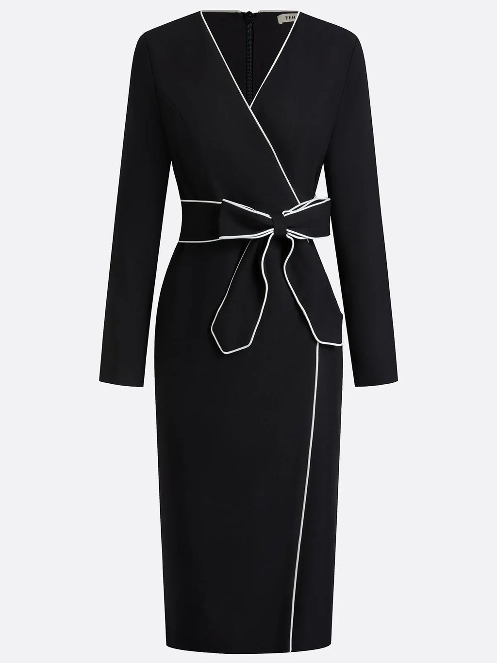 Black Piping Bow Classic V Neck Long Sleeve Sheath Midi Dress