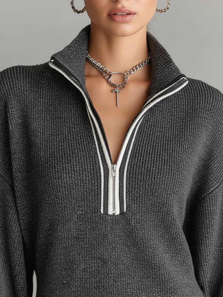 Women's Fashion Loose Knit White Trim Zipper Polo Neck Mini Dress MDA0774H6Y