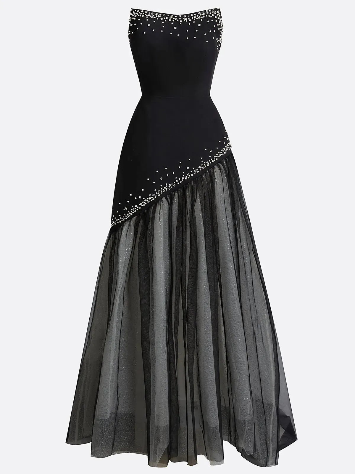 Black Hot Drilling Classic Tulle Strapless Sleeveless A-Line Gown Dress