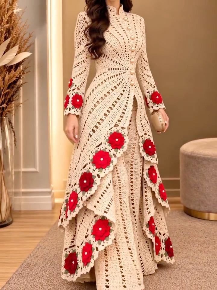 Ivory Red-Floral Crochet Longline Top & Wide-Leg Pants Set