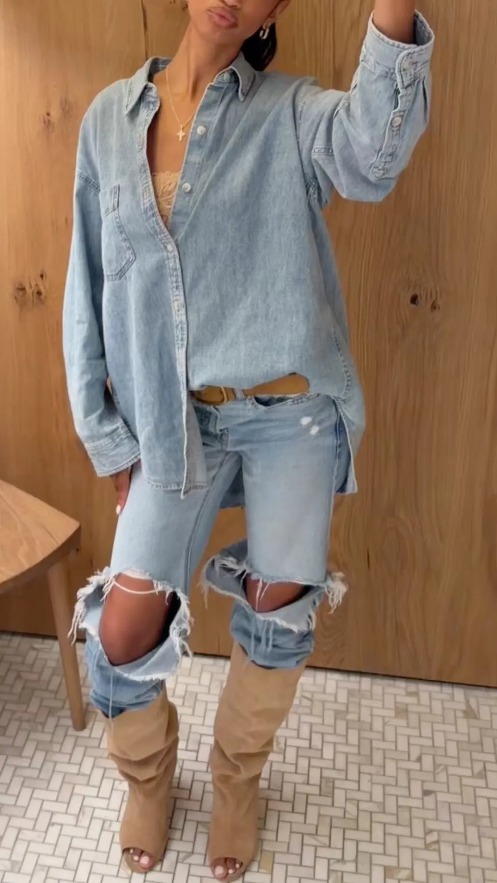 Oversized Light Wash Denim Shirt&Jeans Set