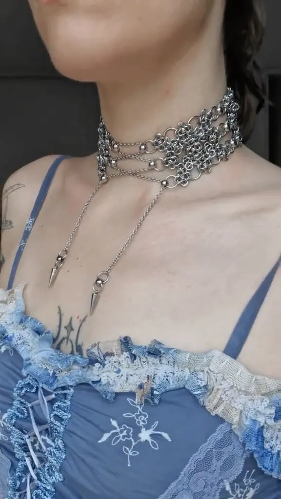 Silver-Tone Chainmail Spike Choker Necklace