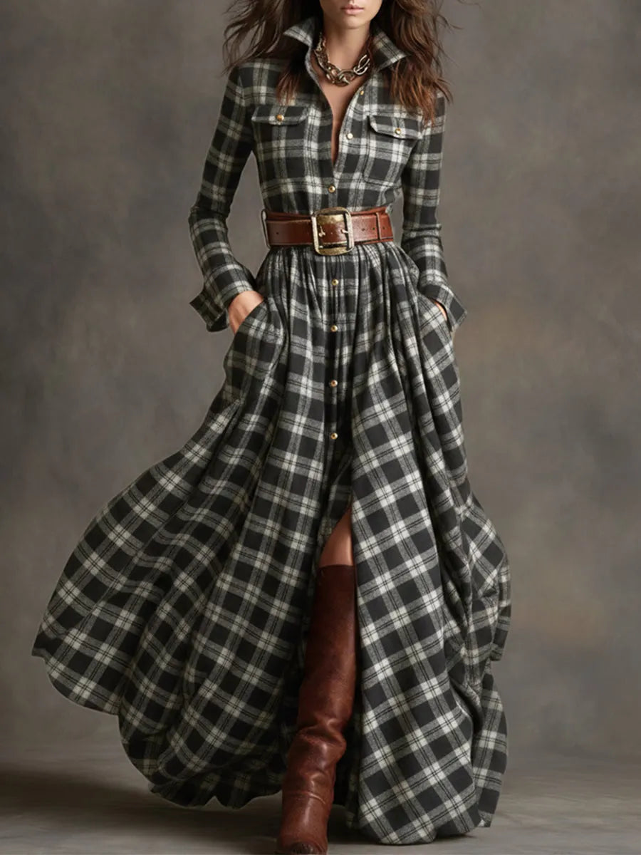 Retro Ethnic Style Lapel Reddish Brown Plaid Maxi Dress
