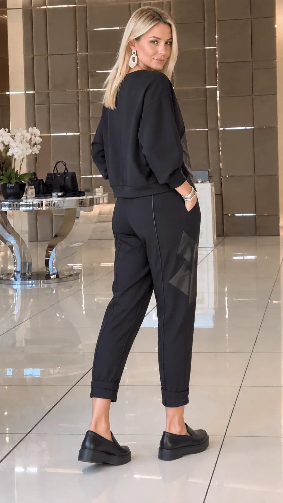 Faux Leather Patch Sweatshirt & Cuffed Trousers Two Piece Set