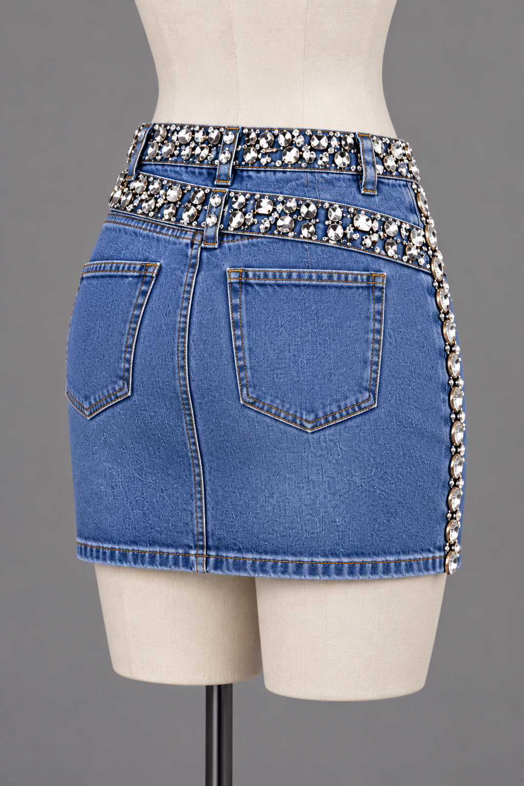 Crystal Heart Cutout Denim Mini Skirt