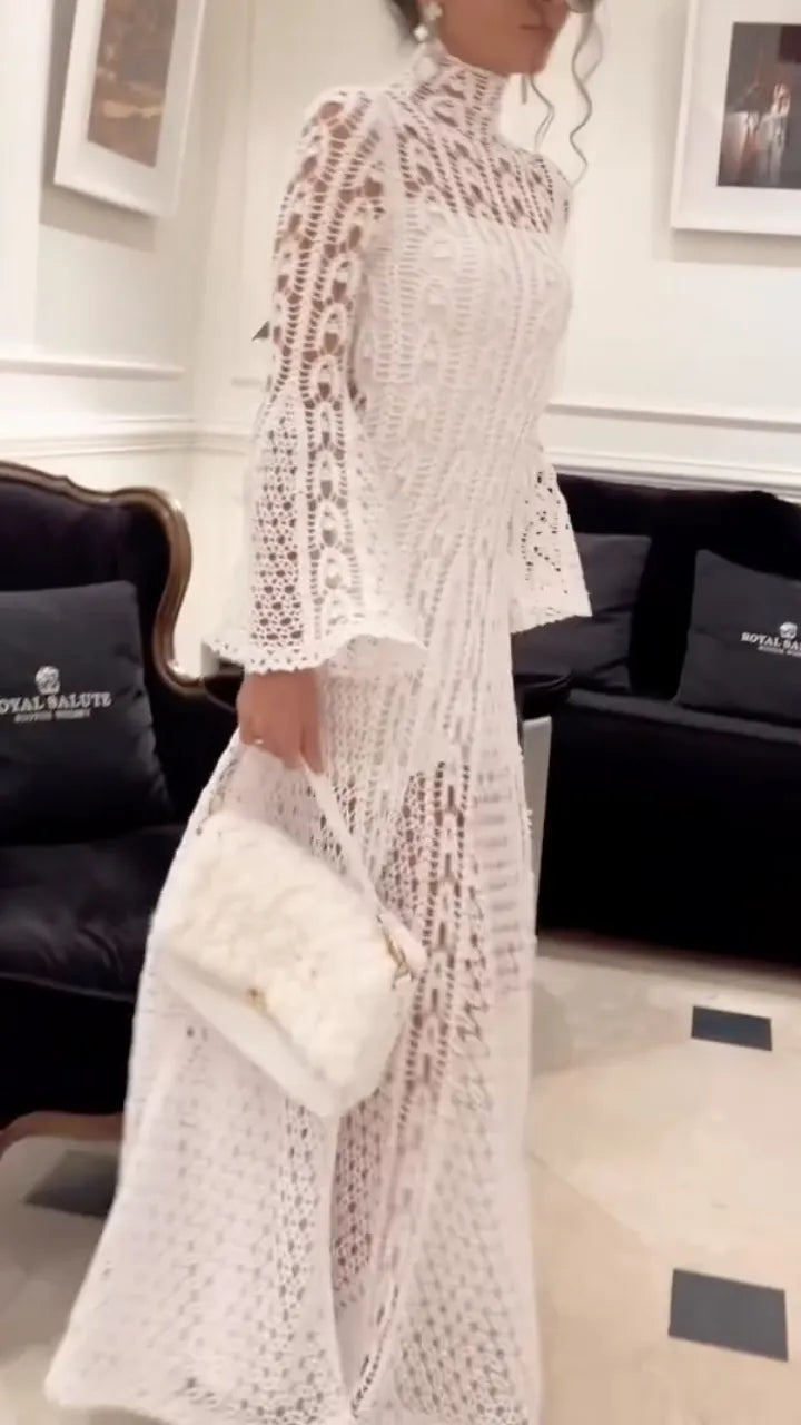 Lace High Neck Bell Sleeve Maxi Dress