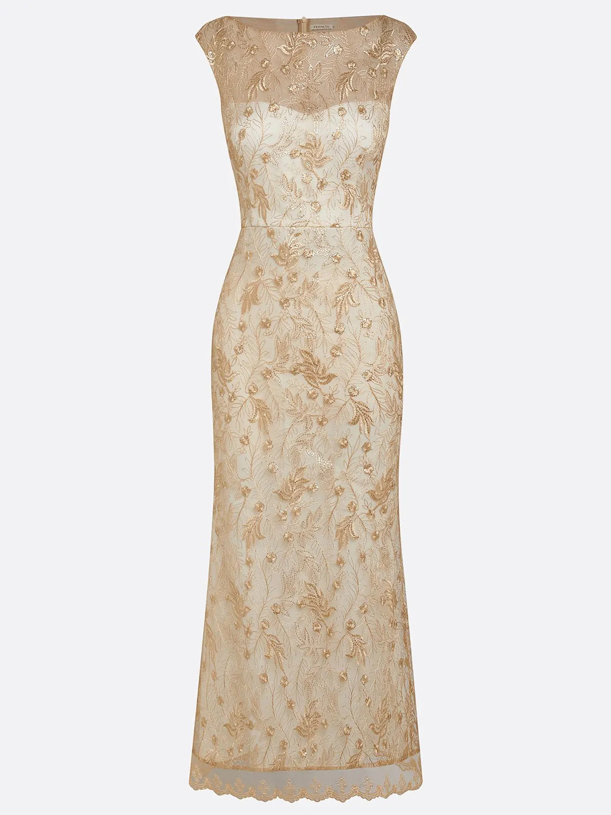 Champagne Embroidery Lace Boat Neck Sleeveless Sheath Maxi Dress