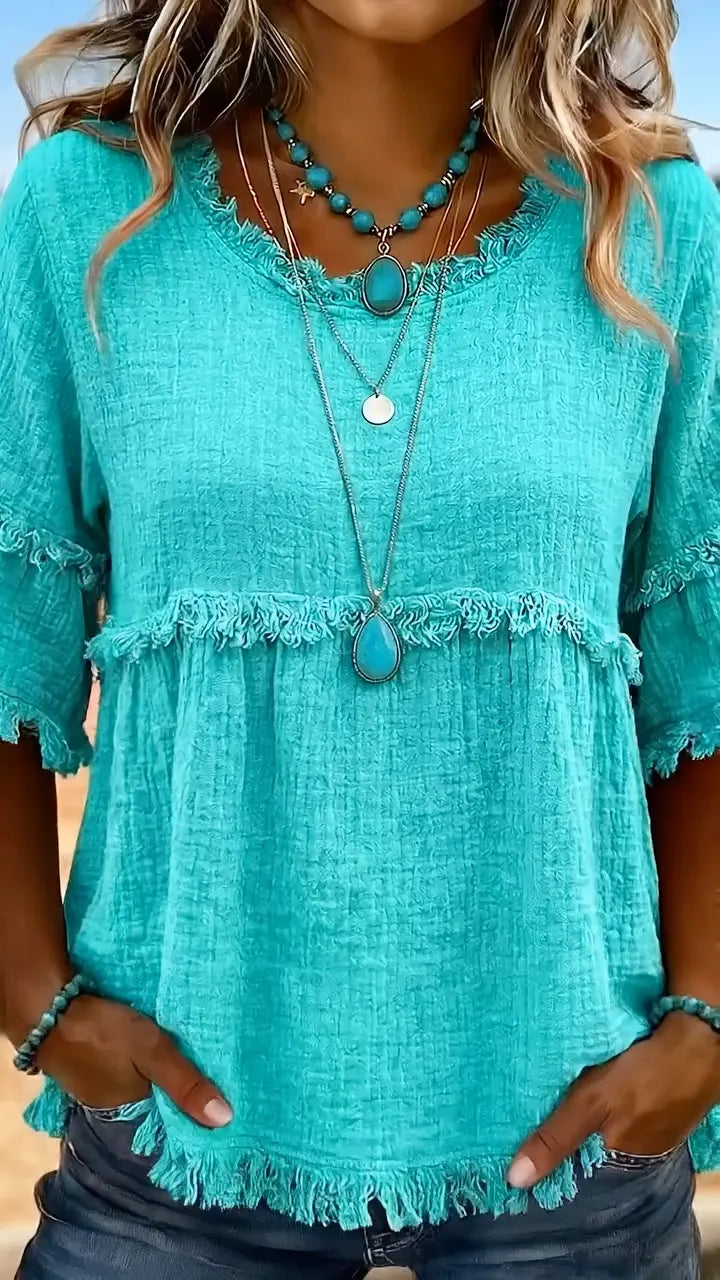 Women's Round Neck Casual Top With Frayed Edges
